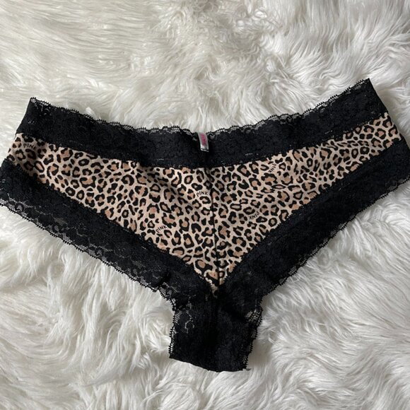 NWOT PINK Victoria's Secret X-Low Rise Cheekster Animal Print Black Lace Trim L - Picture 7 of 8